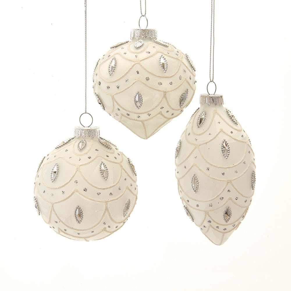80MM Glass Embellished White Ball, Finial, and Onion Ornaments