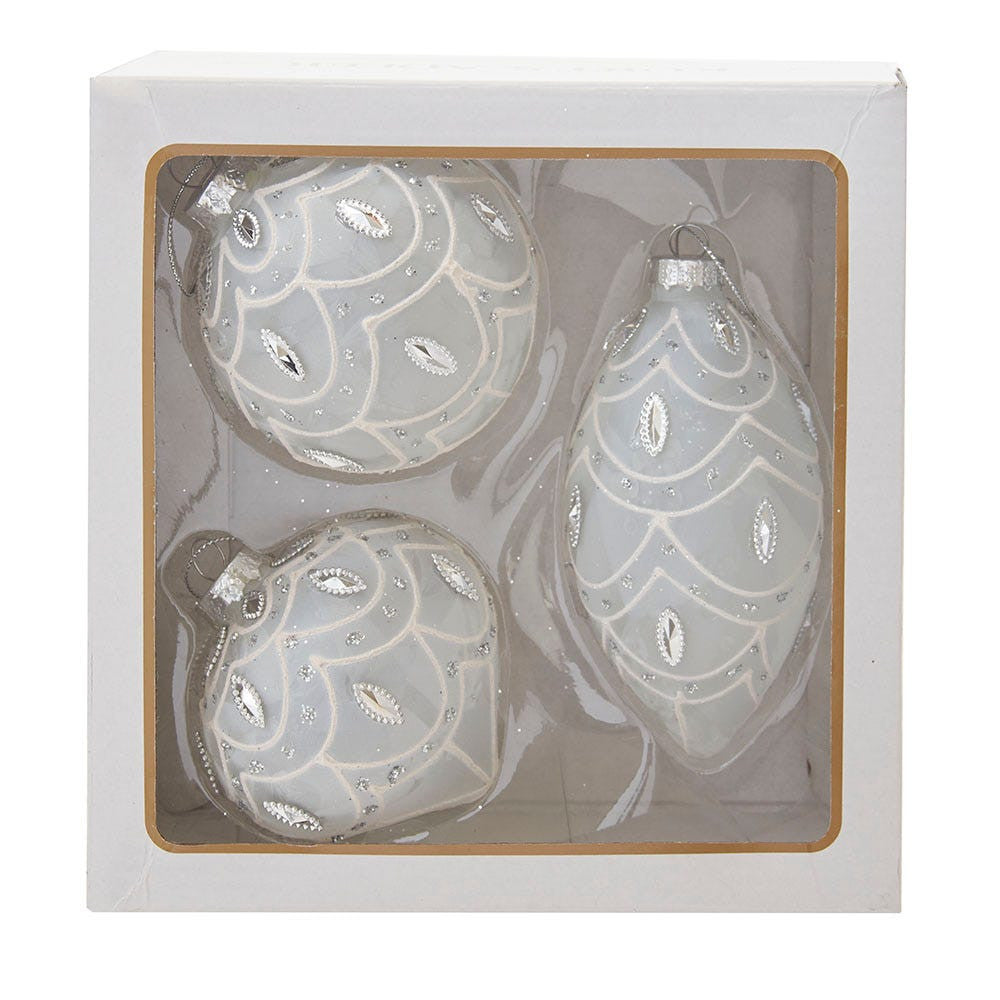 80MM Glass Embellished White Ball, Finial, and Onion Ornaments