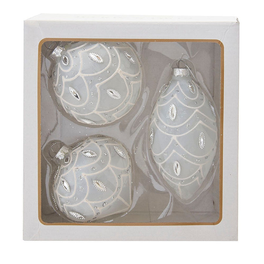 80MM Glass Embellished White Ball, Finial, and Onion Ornaments