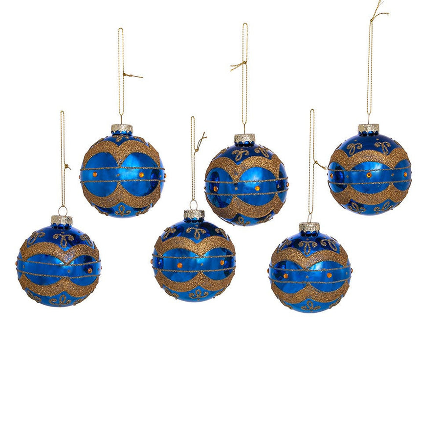 80MM Glass Shiny Navy Blue with Gold Embellishments Ball Ornaments