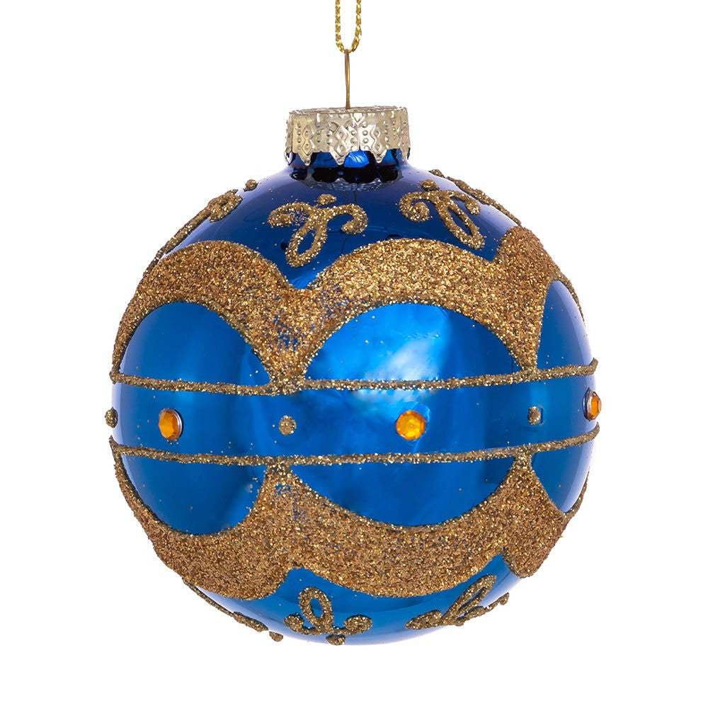 80MM Glass Shiny Navy Blue with Gold Embellishments Ball Ornaments
