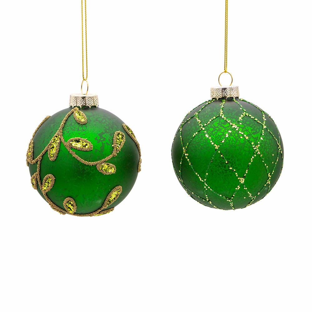 80MM Glass Gold and Emerald Green Embellished Ball Ornaments