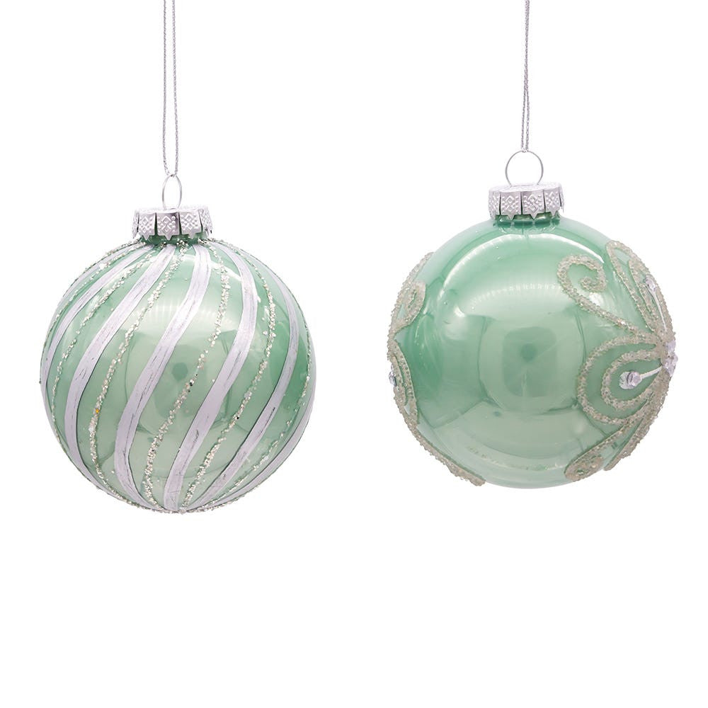 80MM Glass Silver and Aqua Embellished Ball Ornaments