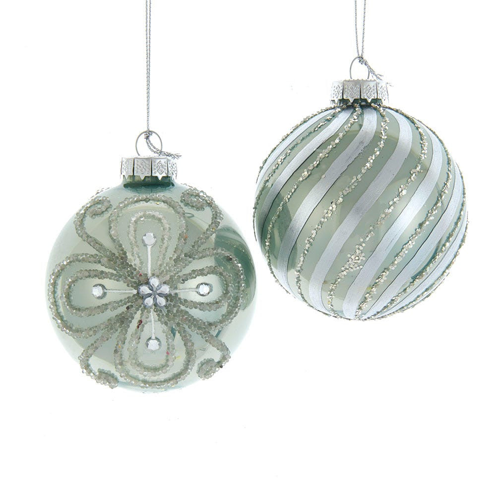 80MM Glass Silver and Aqua Embellished Ball Ornaments