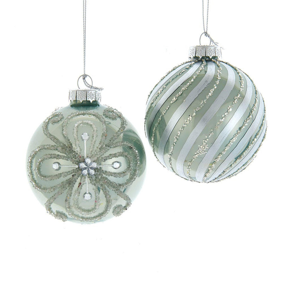 80MM Glass Silver and Aqua Embellished Ball Ornaments