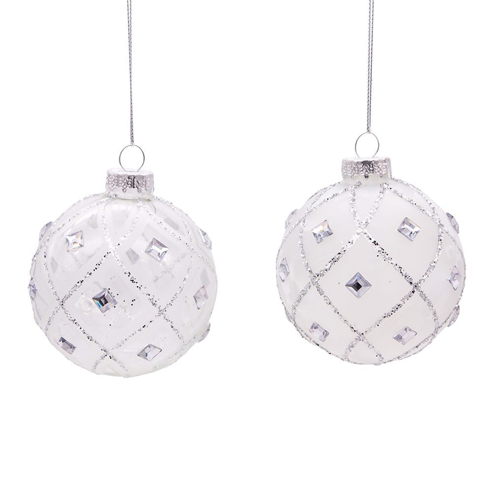 80MM Jeweled Clear and White Feather Glass Ball Ornaments