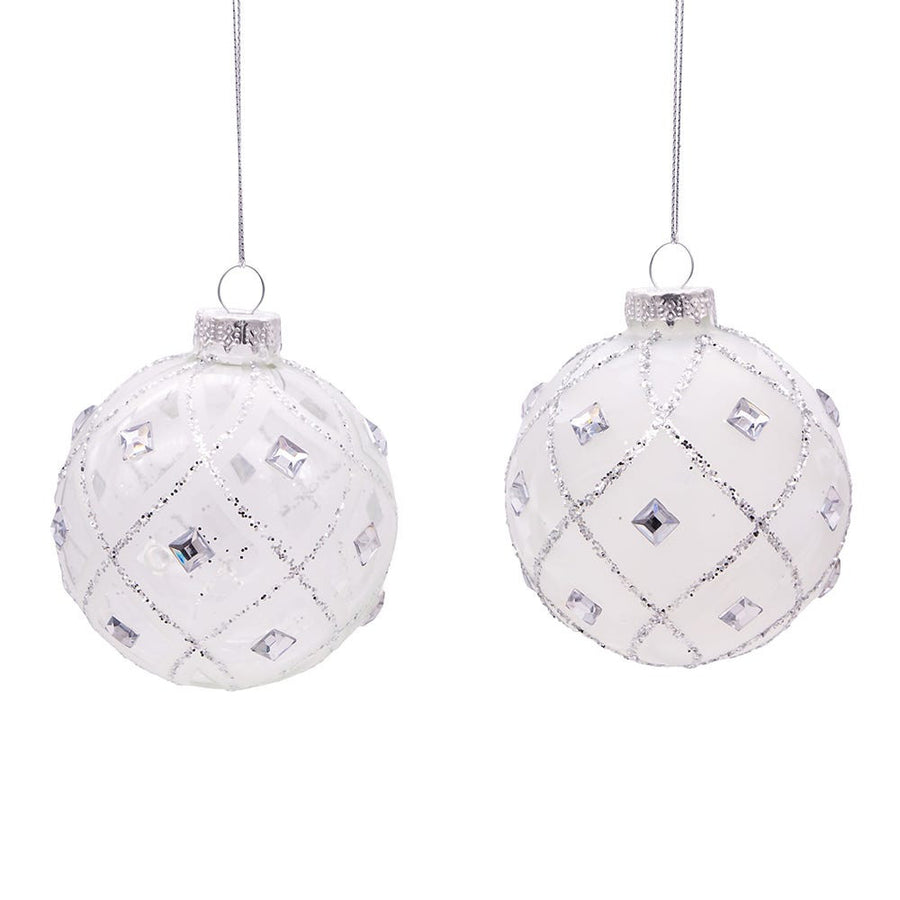 80MM Jeweled Clear and White Feather Glass Ball Ornaments