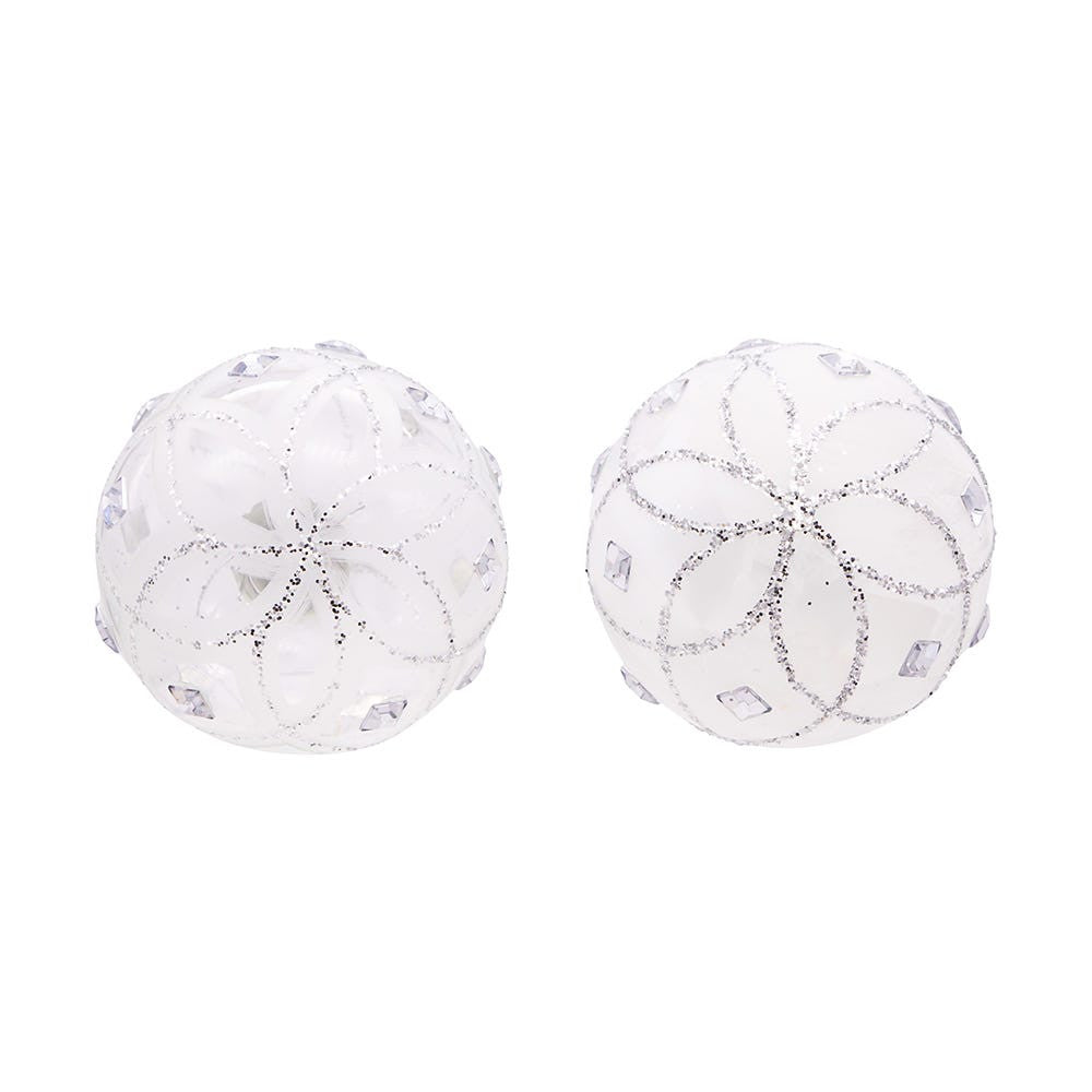 80MM Jeweled Clear and White Feather Glass Ball Ornaments