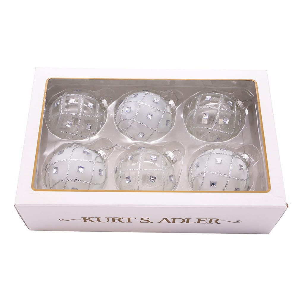 80MM Jeweled Clear and White Feather Glass Ball Ornaments