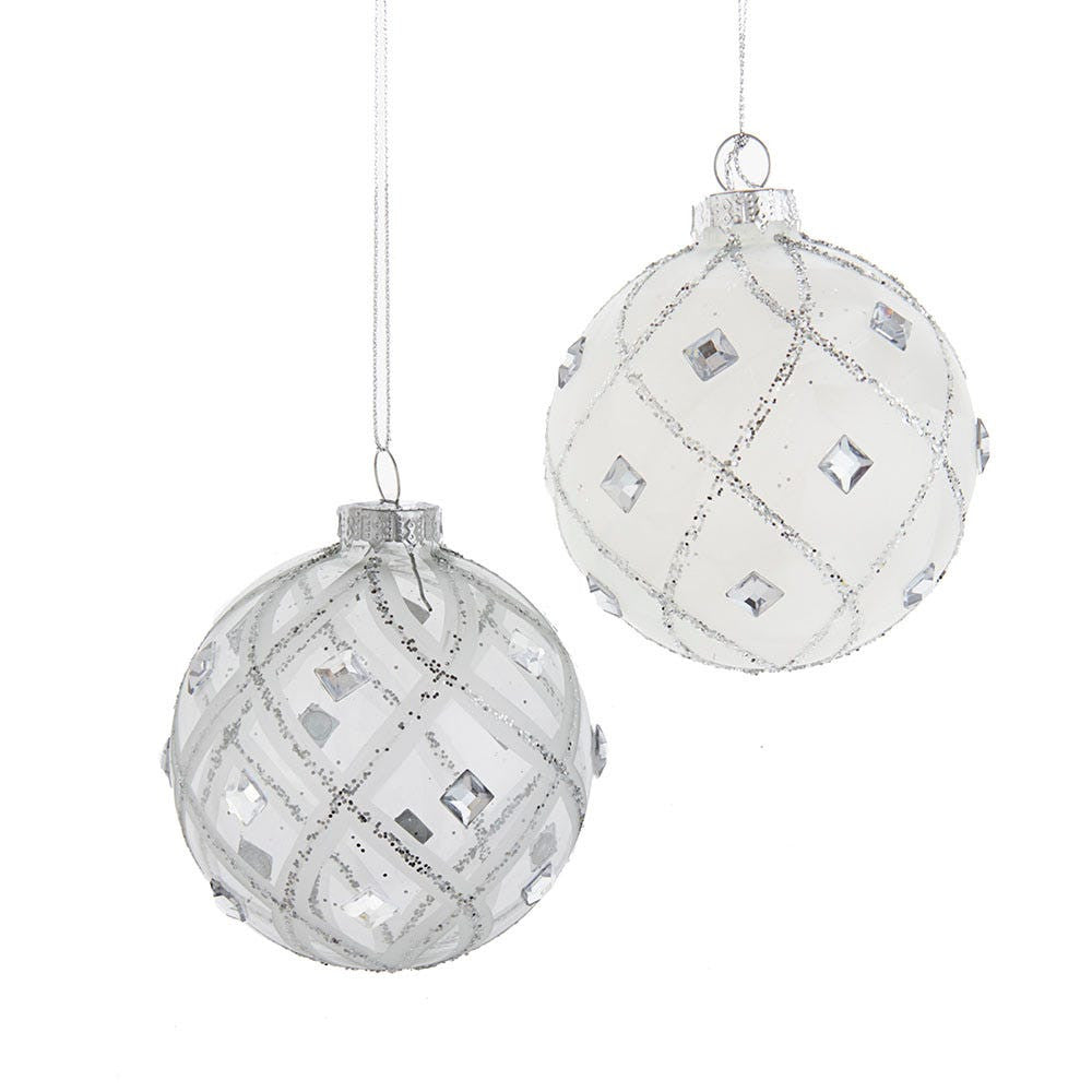 80MM Jeweled Clear and White Feather Glass Ball Ornaments