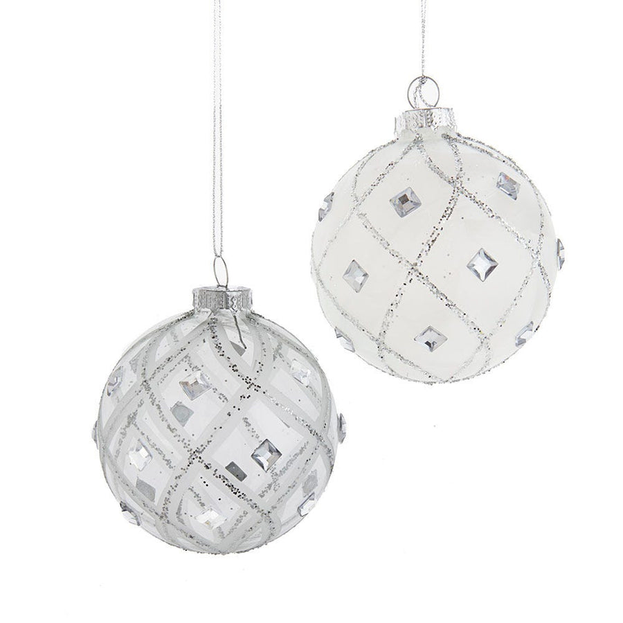 80MM Jeweled Clear and White Feather Glass Ball Ornaments