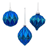 80MM Glass Blue Glittered and Sequined Ball, Finial and Onion Shaped Ornaments