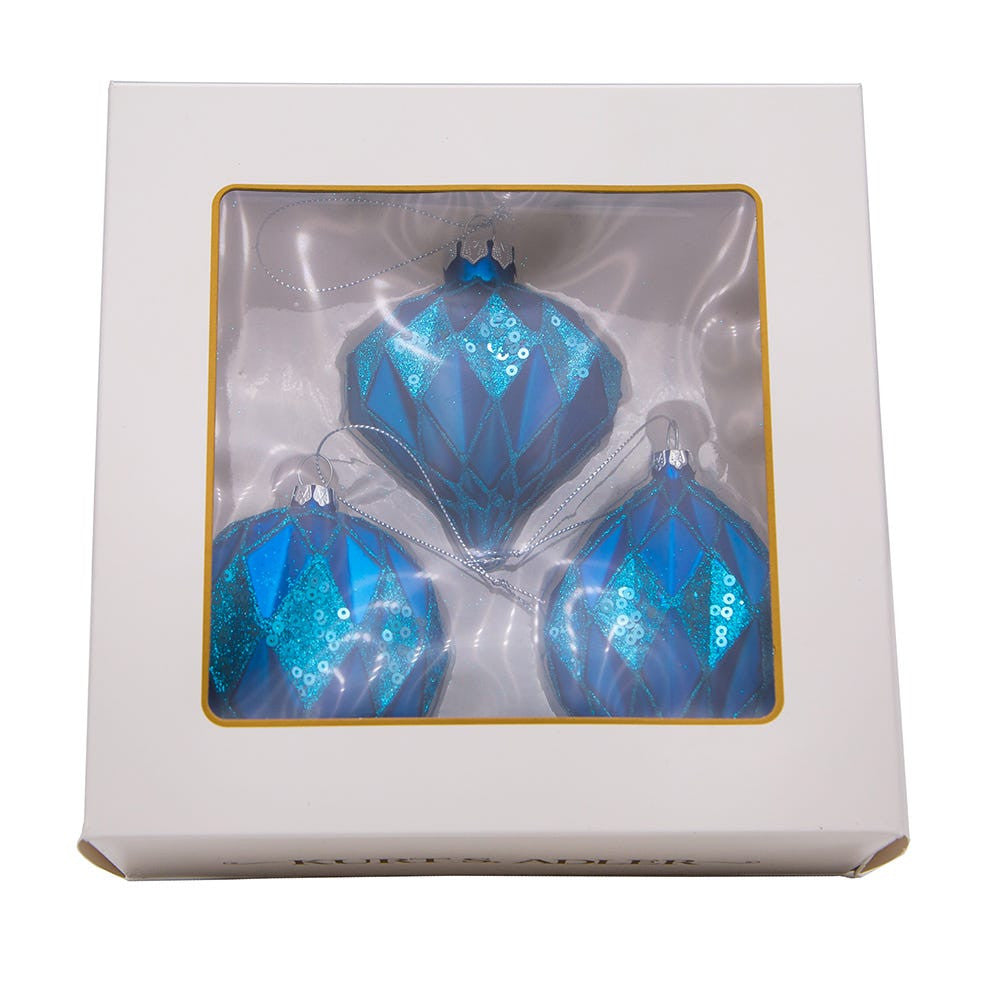 80MM Glass Blue Glittered and Sequined Ball, Finial and Onion Shaped Ornaments