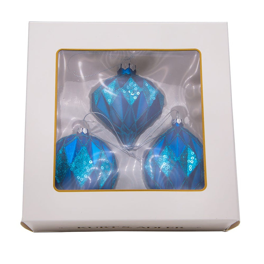 80MM Glass Blue Glittered and Sequined Ball, Finial and Onion Shaped Ornaments