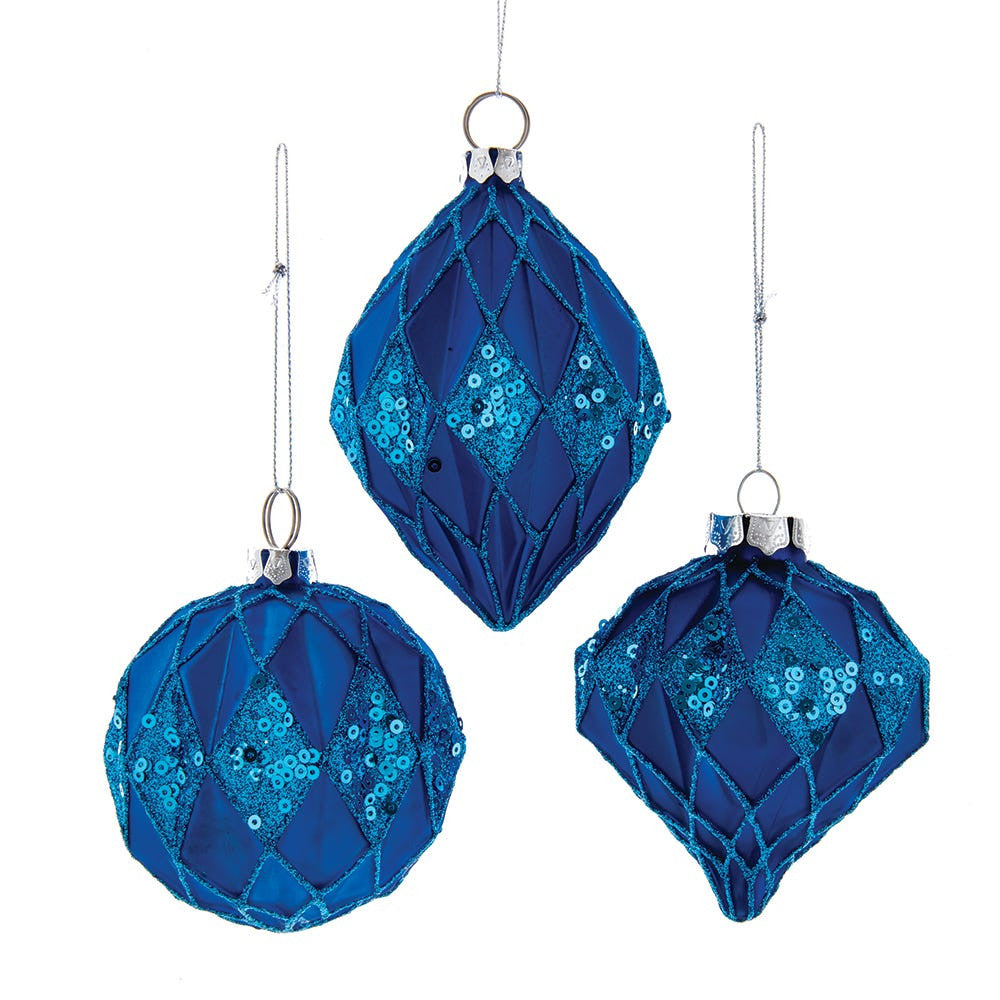 80MM Glass Blue Glittered and Sequined Ball, Finial and Onion Shaped Ornaments