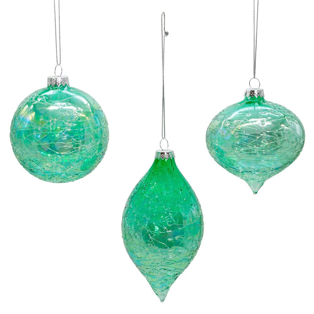 80MM Glass Iridescent Green Onion, Ball & Finial Ornaments