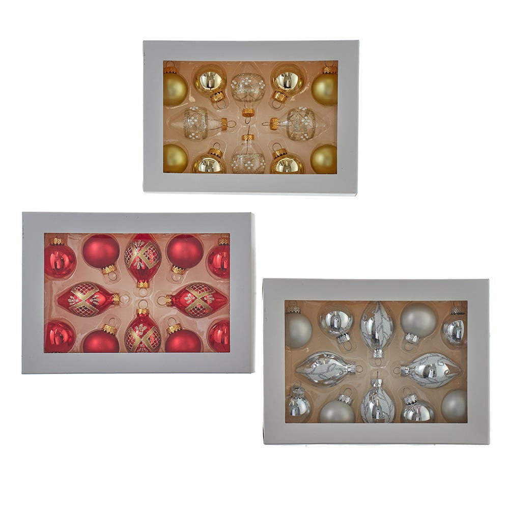 35MM Glass Gold, Silver & Red Ball and Finial Ornaments