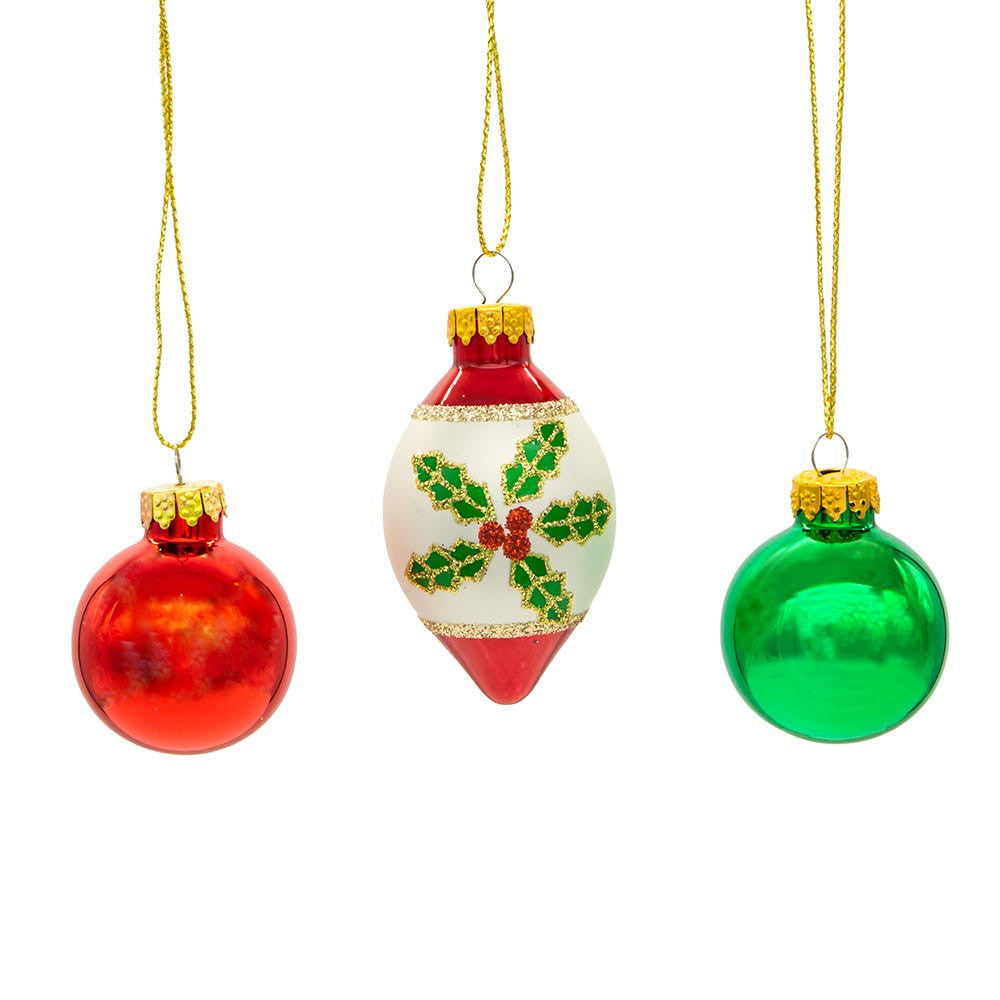 35MM Glass Green & Red Ball and Finial Ornaments