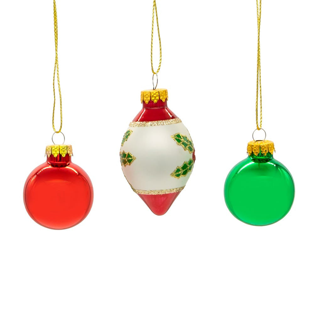 35MM Glass Green & Red Ball and Finial Ornaments