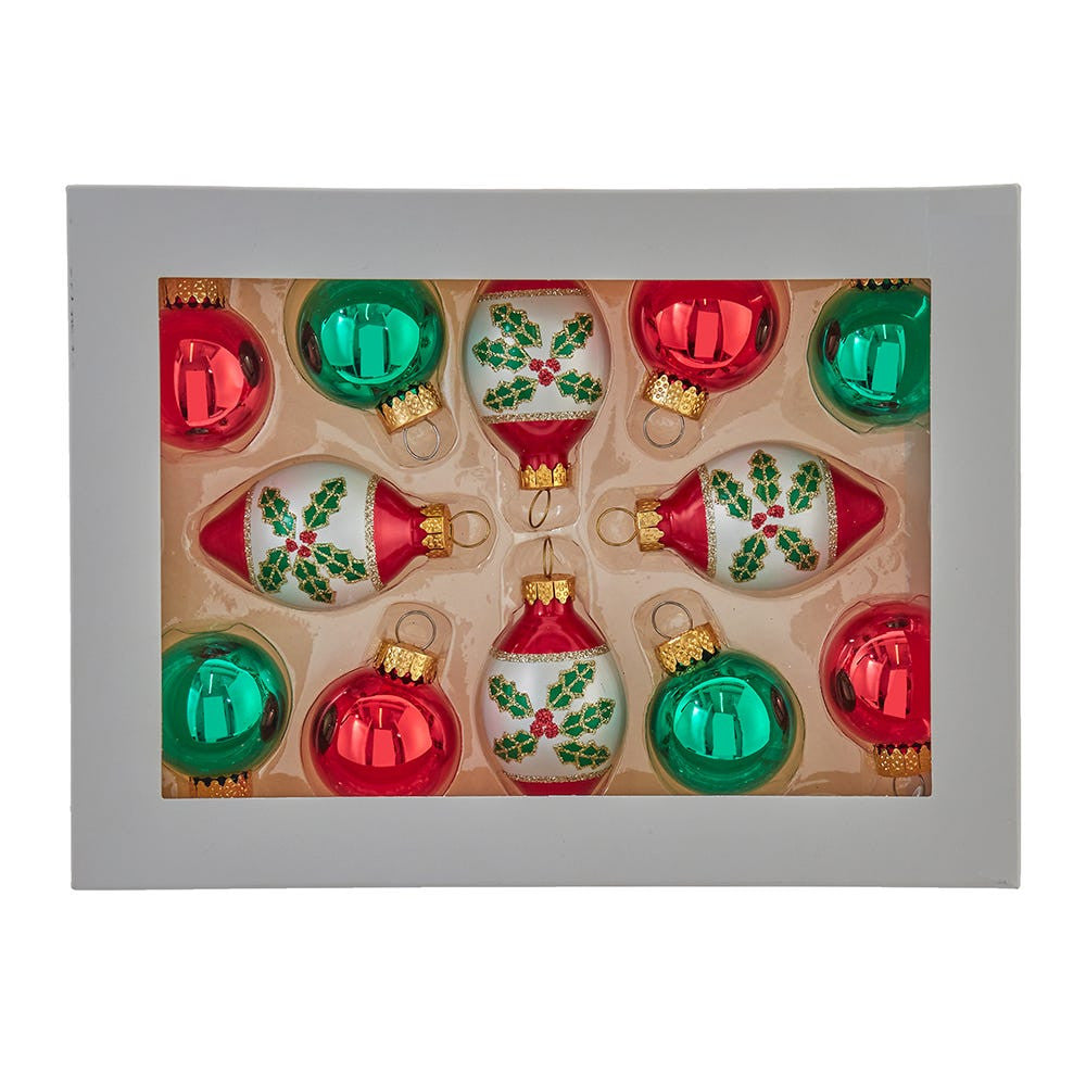 35MM Glass Green & Red Ball and Finial Ornaments