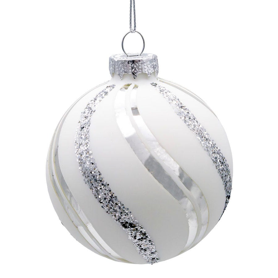 80MM Glass White Glittered Swirl Ball Ornaments