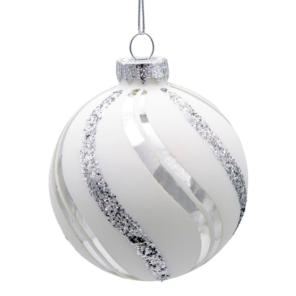 80MM Glass White Glittered Swirl Ball Ornaments