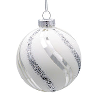 80MM Glass White Glittered Swirl Ball Ornaments