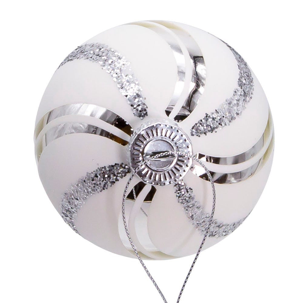80MM Glass White Glittered Swirl Ball Ornaments