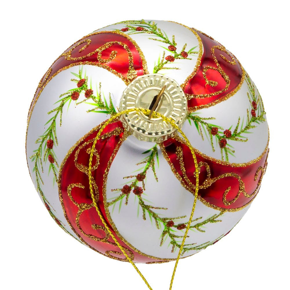 80MM Glass Red & White Holly Leaves Ball Ornaments