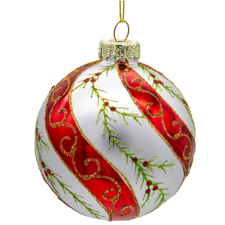 80MM Glass Red & White Holly Leaves Ball Ornaments