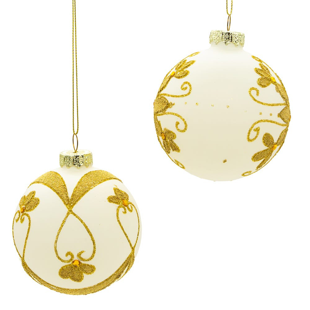 80MM Glass White With Gold Beading Ball Ornaments