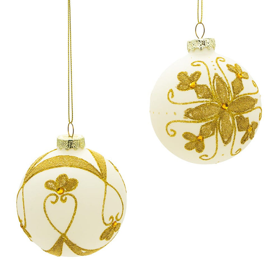 80MM Glass White With Gold Beading Ball Ornaments