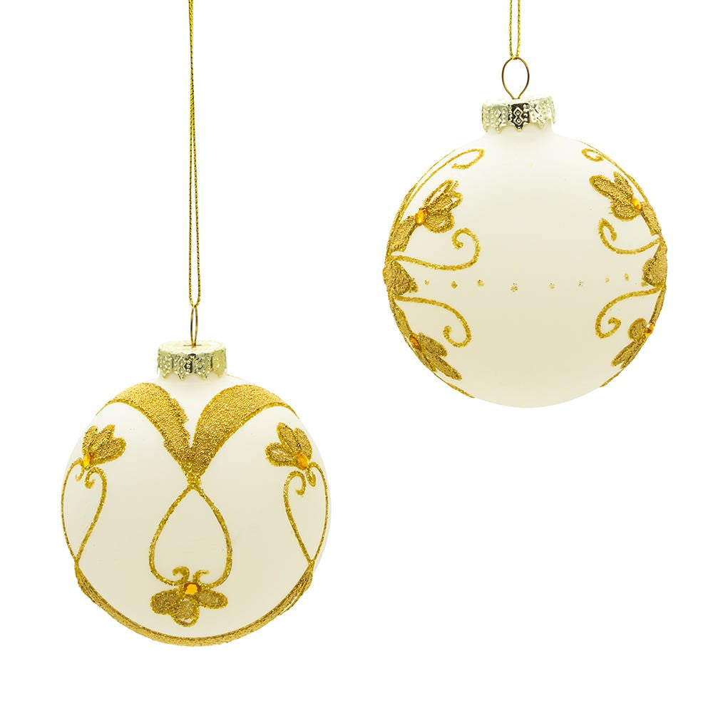 80MM Glass White With Gold Beading Ball Ornaments