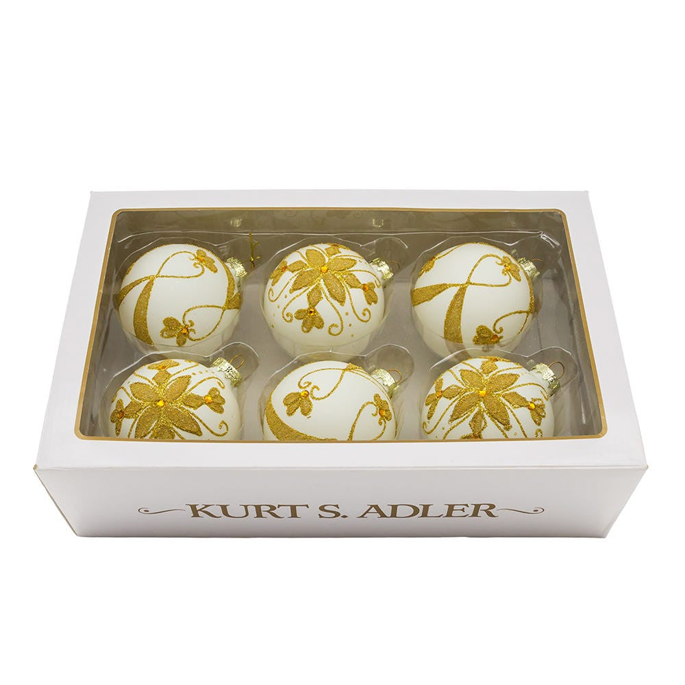 80MM Glass White With Gold Beading Ball Ornaments