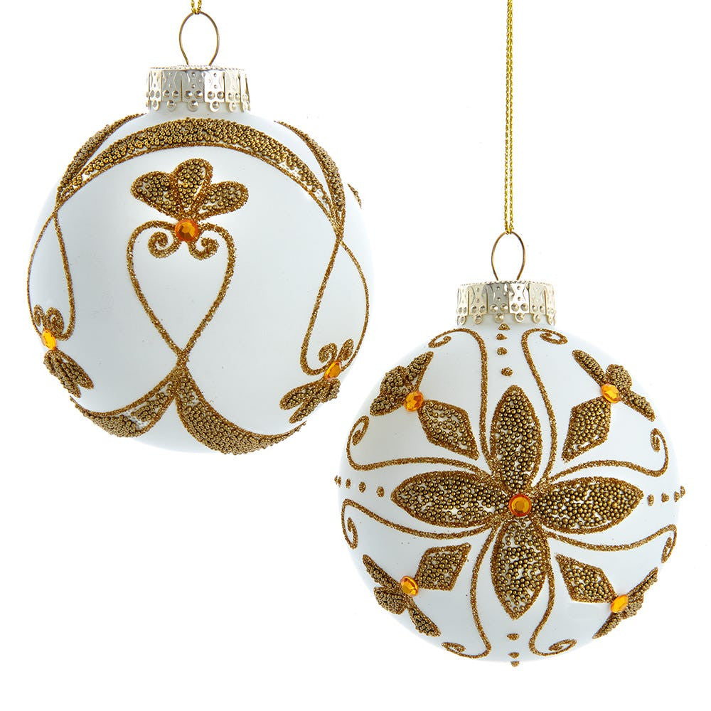 80MM Glass White With Gold Beading Ball Ornaments