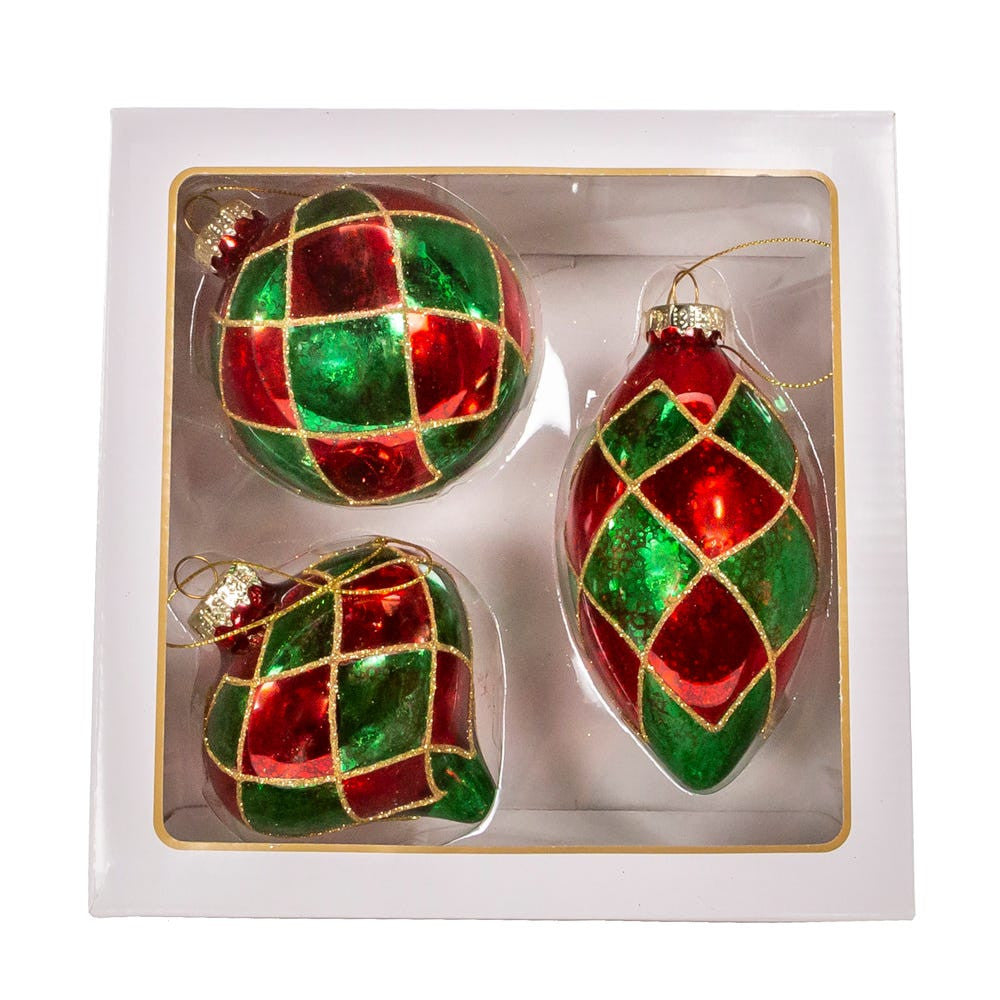 80MM Glass Green & Red Ball, Onion & Teardrop Shaped Ornaments