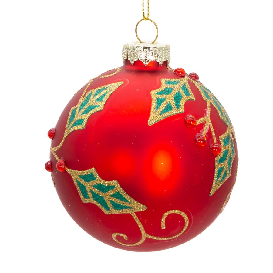 80MM Glass Red Ball With Holly and Berries Ornaments