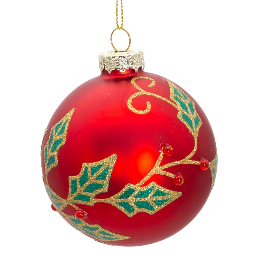 80MM Glass Red Ball With Holly and Berries Ornaments