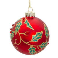 80MM Glass Red Ball With Holly and Berries Ornaments