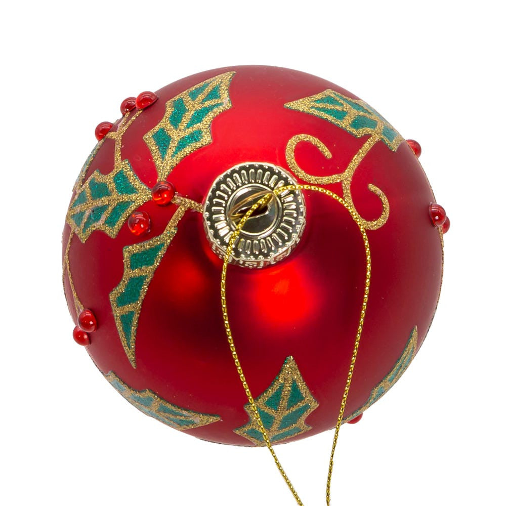80MM Glass Red Ball With Holly and Berries Ornaments
