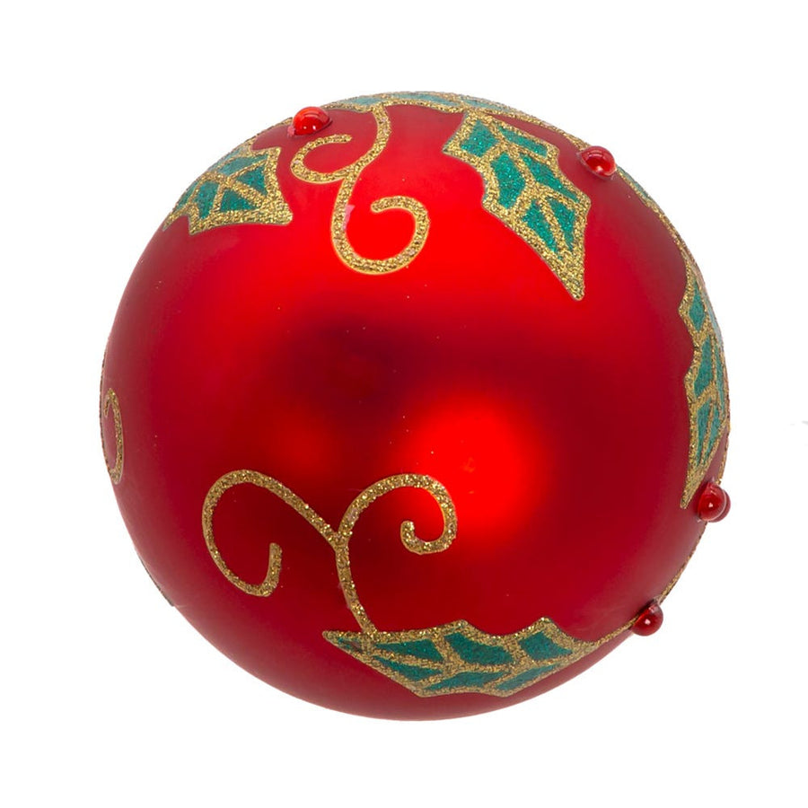 80MM Glass Red Ball With Holly and Berries Ornaments