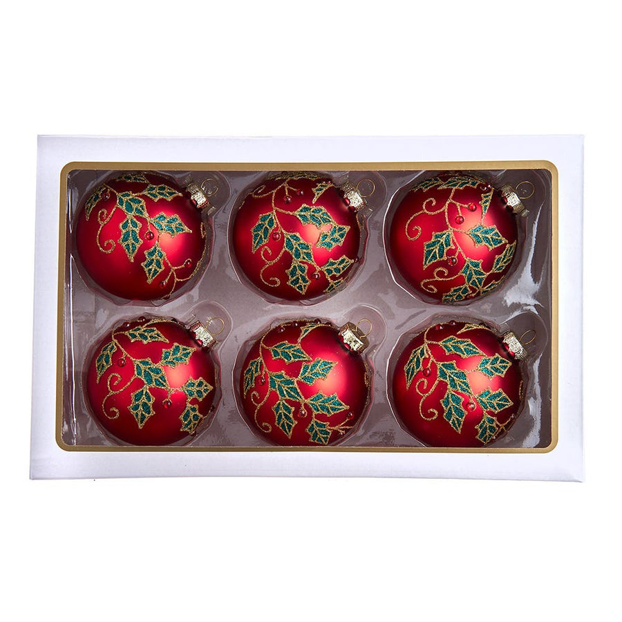 80MM Glass Red Ball With Holly and Berries Ornaments