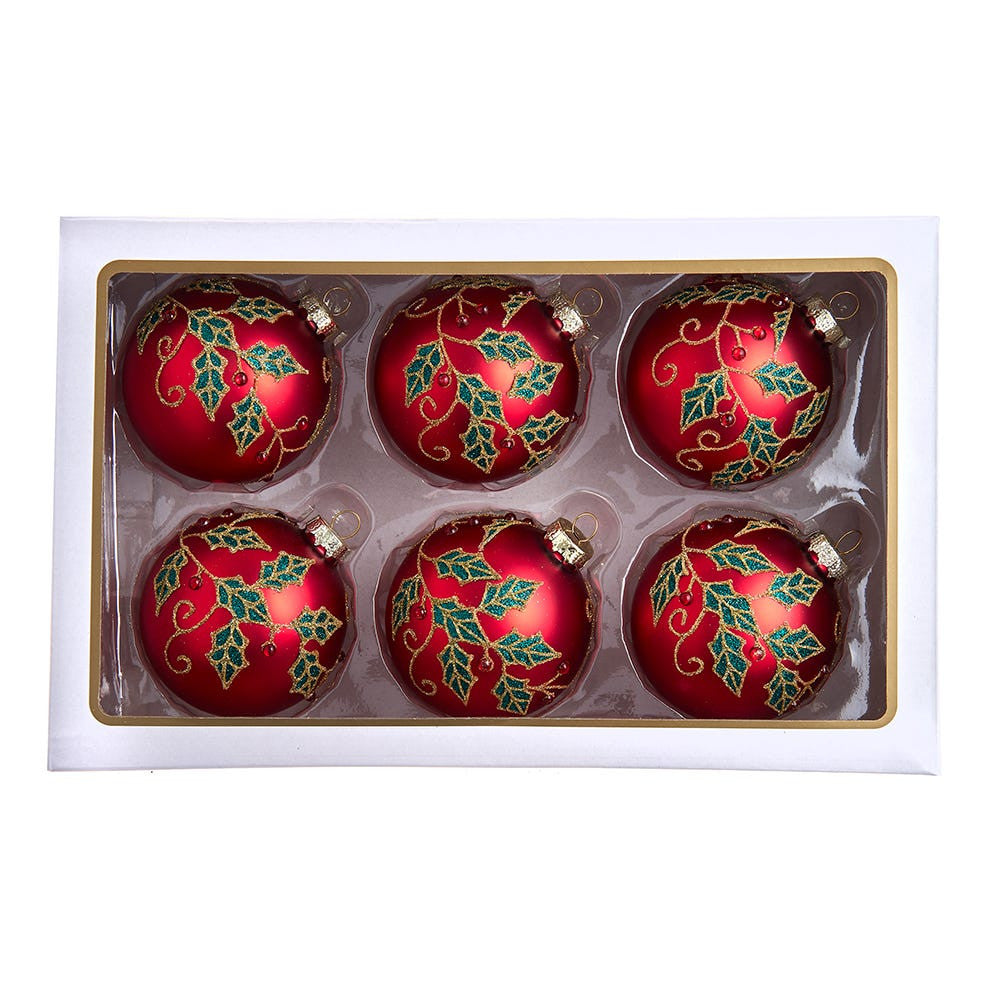 80MM Glass Red Ball With Holly and Berries Ornaments