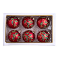 80MM Glass Red Ball With Holly and Berries Ornaments
