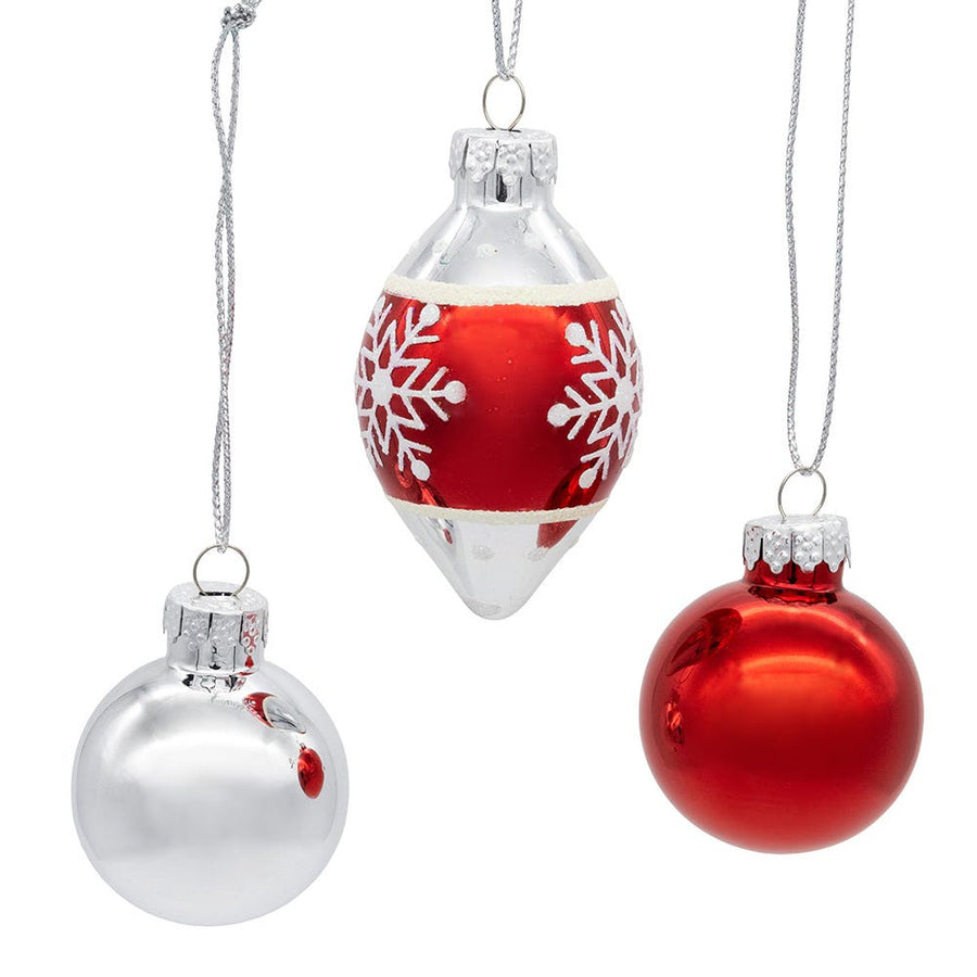 35MM Glass Red & Silver With Snowflake Teardrop & Ball Ornaments