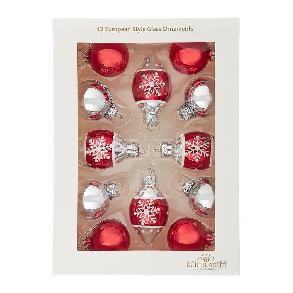 35MM Glass Red & Silver With Snowflake Teardrop & Ball Ornaments