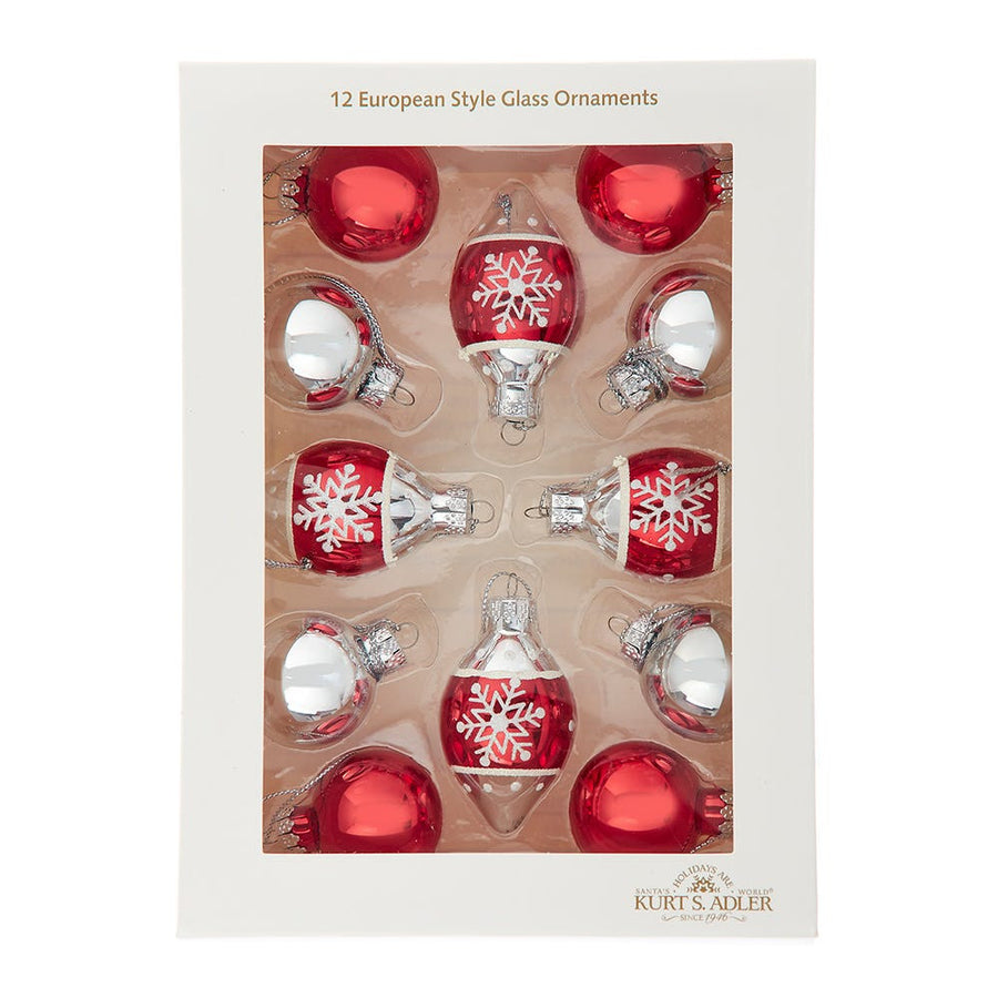 35MM Glass Red & Silver With Snowflake Teardrop & Ball Ornaments