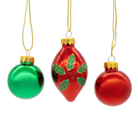 35MM Glass Green & Red With Holly Leaves Teardrop & Ball Ornaments