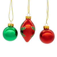 35MM Glass Green & Red With Holly Leaves Teardrop & Ball Ornaments
