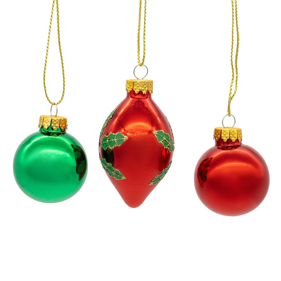 35MM Glass Green & Red With Holly Leaves Teardrop & Ball Ornaments